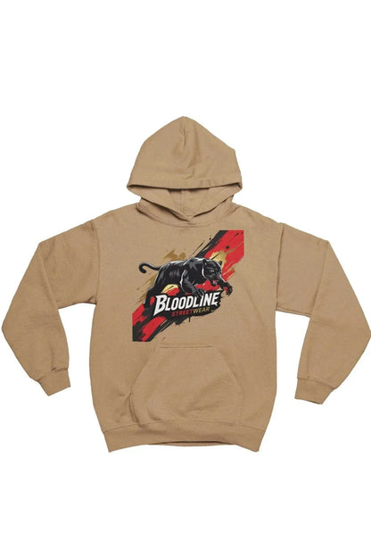 A tan pullover hoodie with a graphic on the chest featuring a black bull and the word 'BLOODLINE' over a red and black abstract background, displayed on a solid white background.