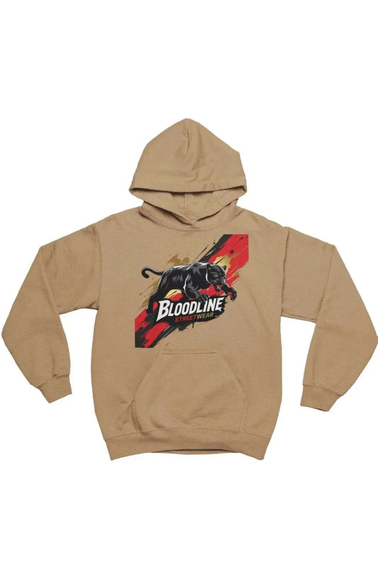 A tan pullover hoodie with a graphic on the chest featuring a black bull and the word 'BLOODLINE' over a red and black abstract background, displayed on a solid white background.