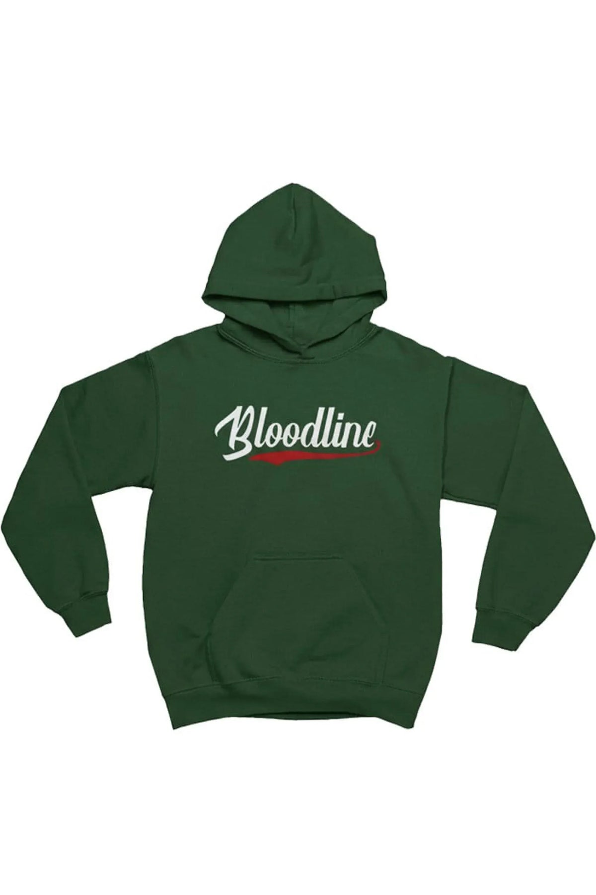 A dark green pullover hoodie with 'Bloodline' printed across the chest in white script with a red underline, displayed against a plain white background.