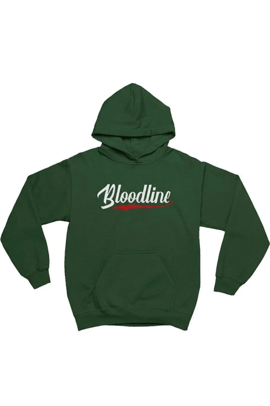 A dark green pullover hoodie with 'Bloodline' printed across the chest in white script with a red underline, displayed against a plain white background.