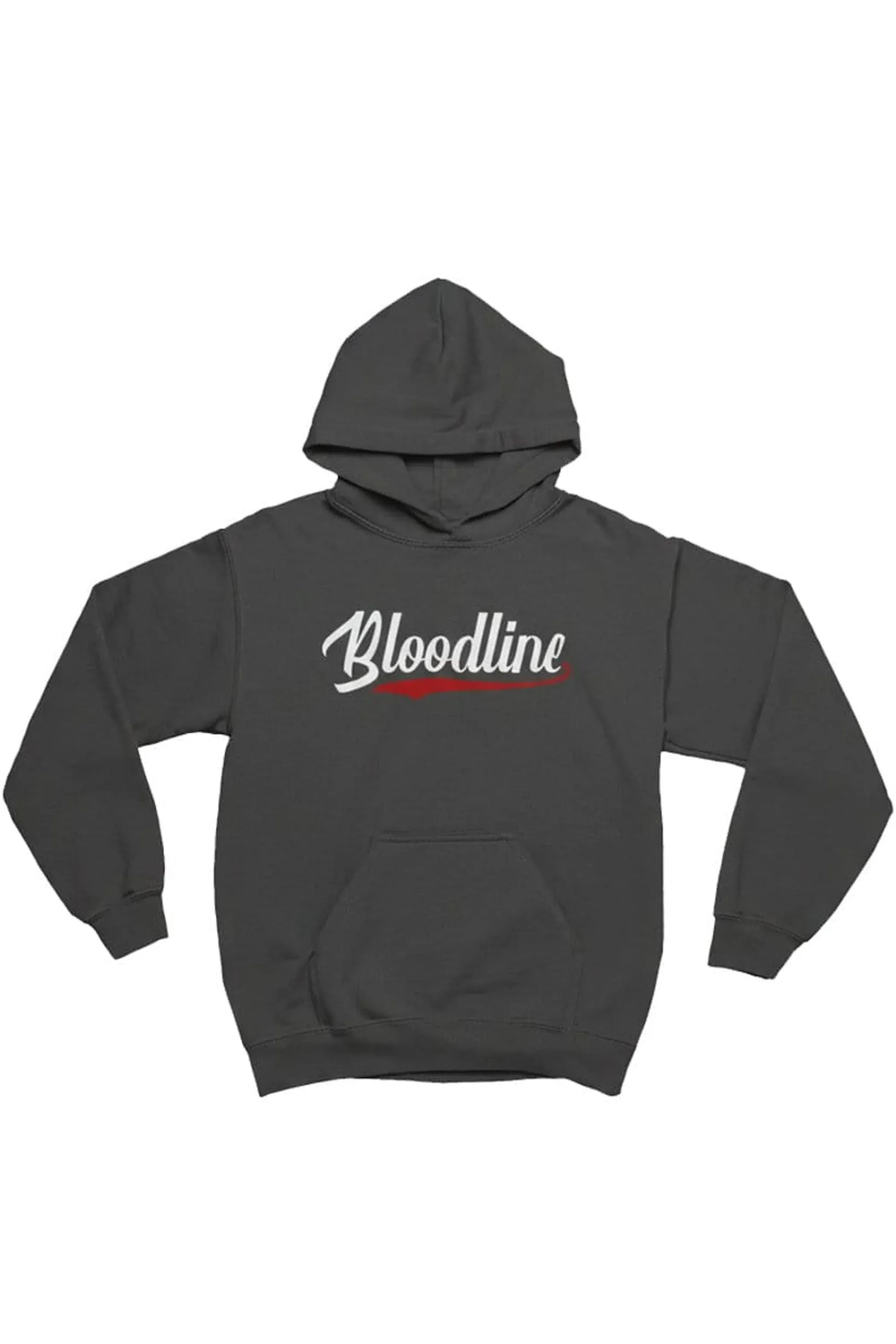 A dark gray pullover hoodie with 'Bloodline' printed across the chest in white script with a red underline, displayed against a plain white background.
