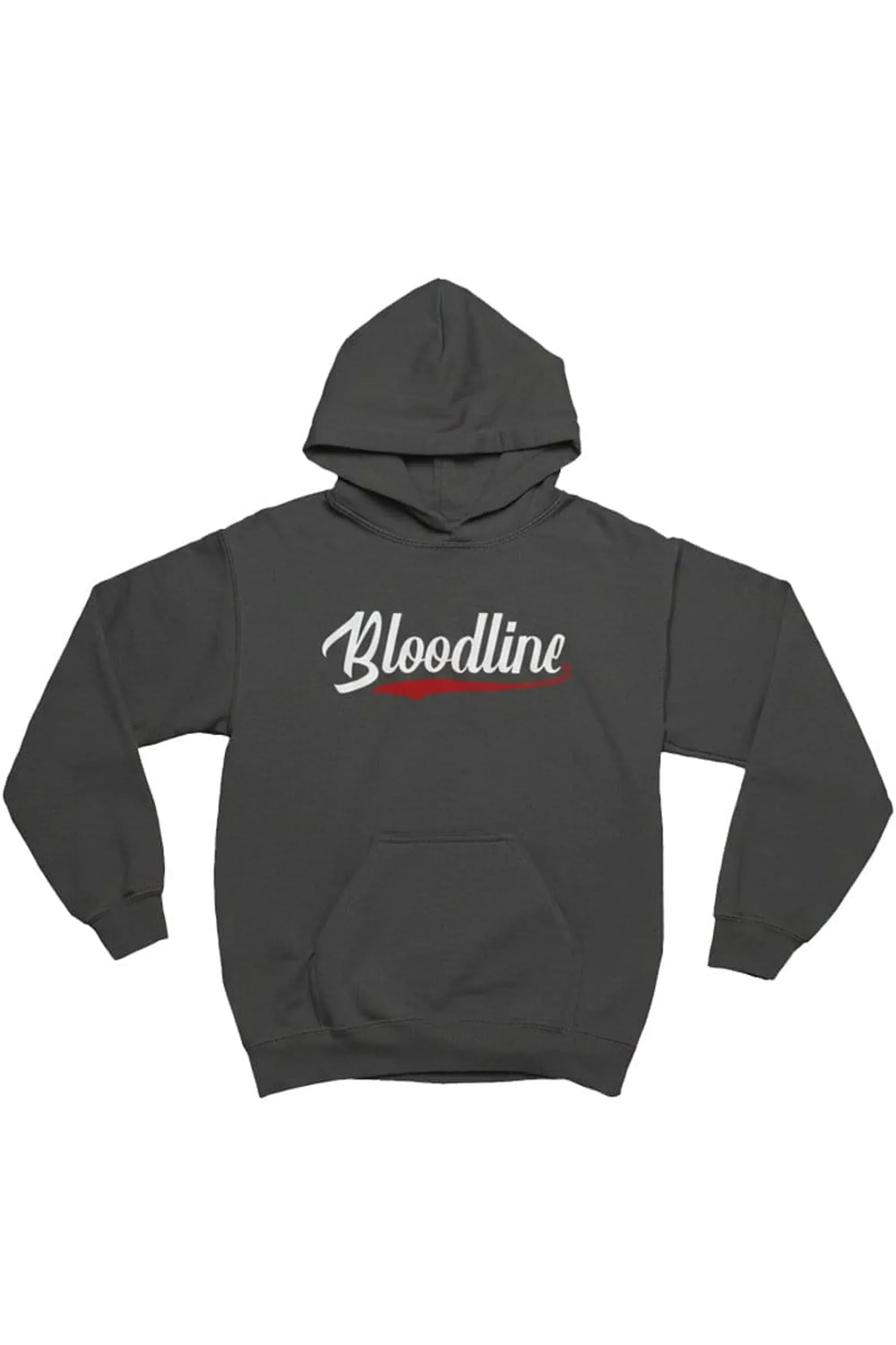 A dark gray pullover hoodie with 'Bloodline' printed across the chest in white script with a red underline, displayed against a plain white background.