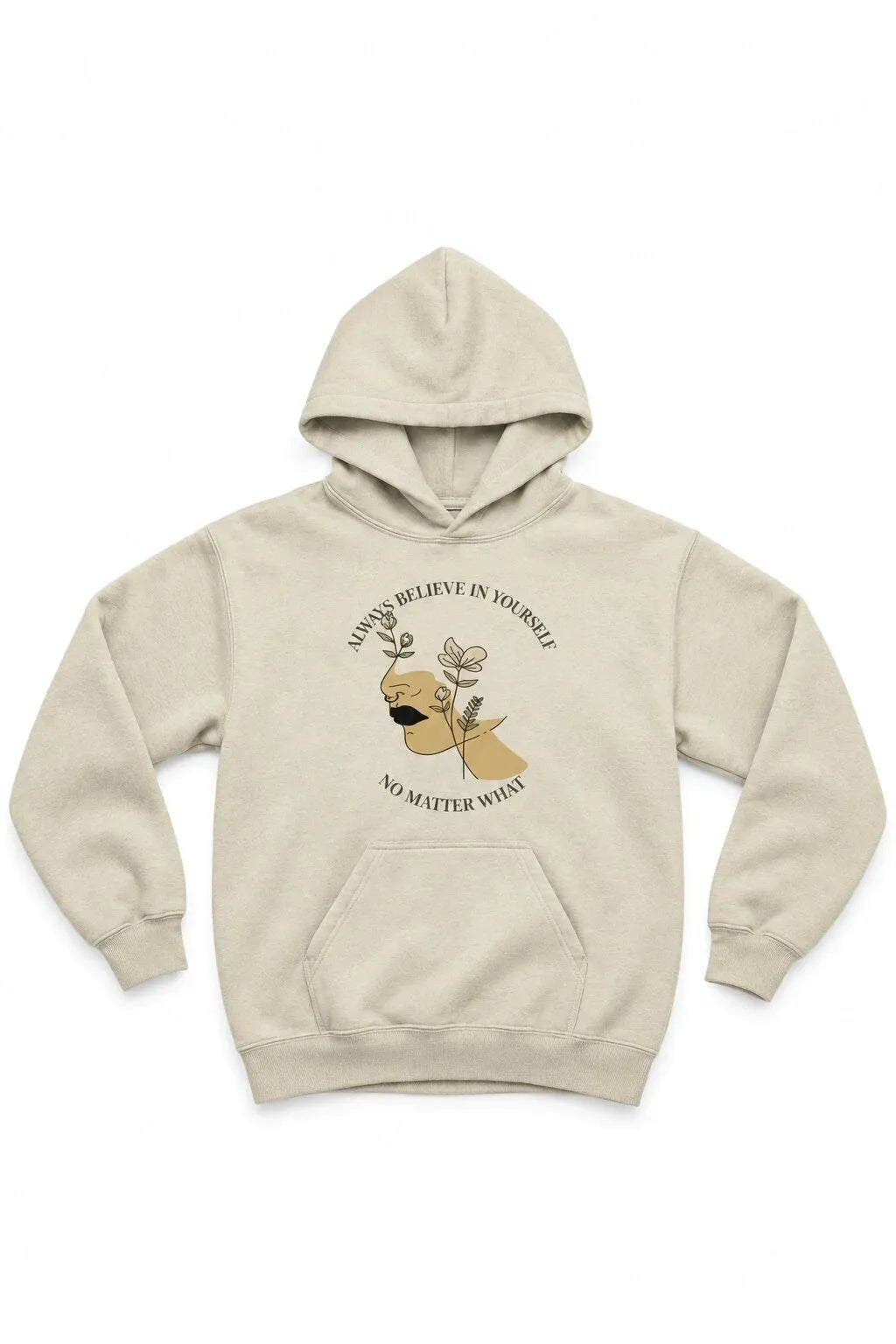 A light beige pullover hoodie with a front graphic of a deer head and the text 'YOU BELIEVE IN YOURSELF' displayed on a solid white background.