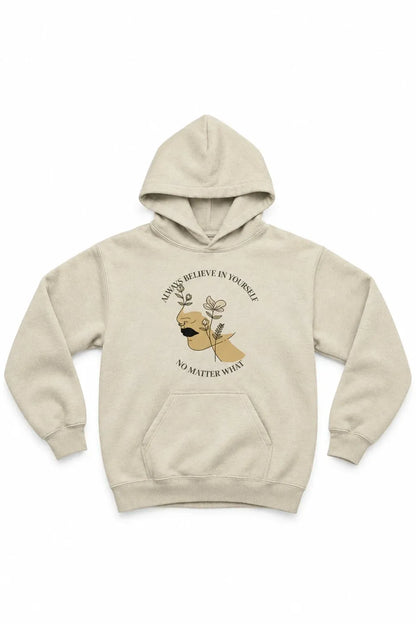A light beige pullover hoodie with a front graphic of a deer head and the text 'YOU BELIEVE IN YOURSELF' displayed on a solid white background.