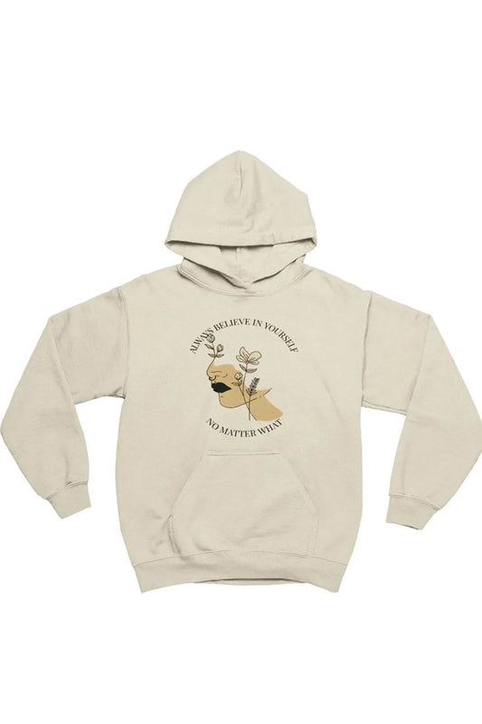 A light beige pullover hoodie with a front graphic of a deer head and the text 'YOU BELIEVE IN YOURSELF' displayed on a solid white background.