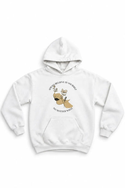A white pullover hoodie with graphic 