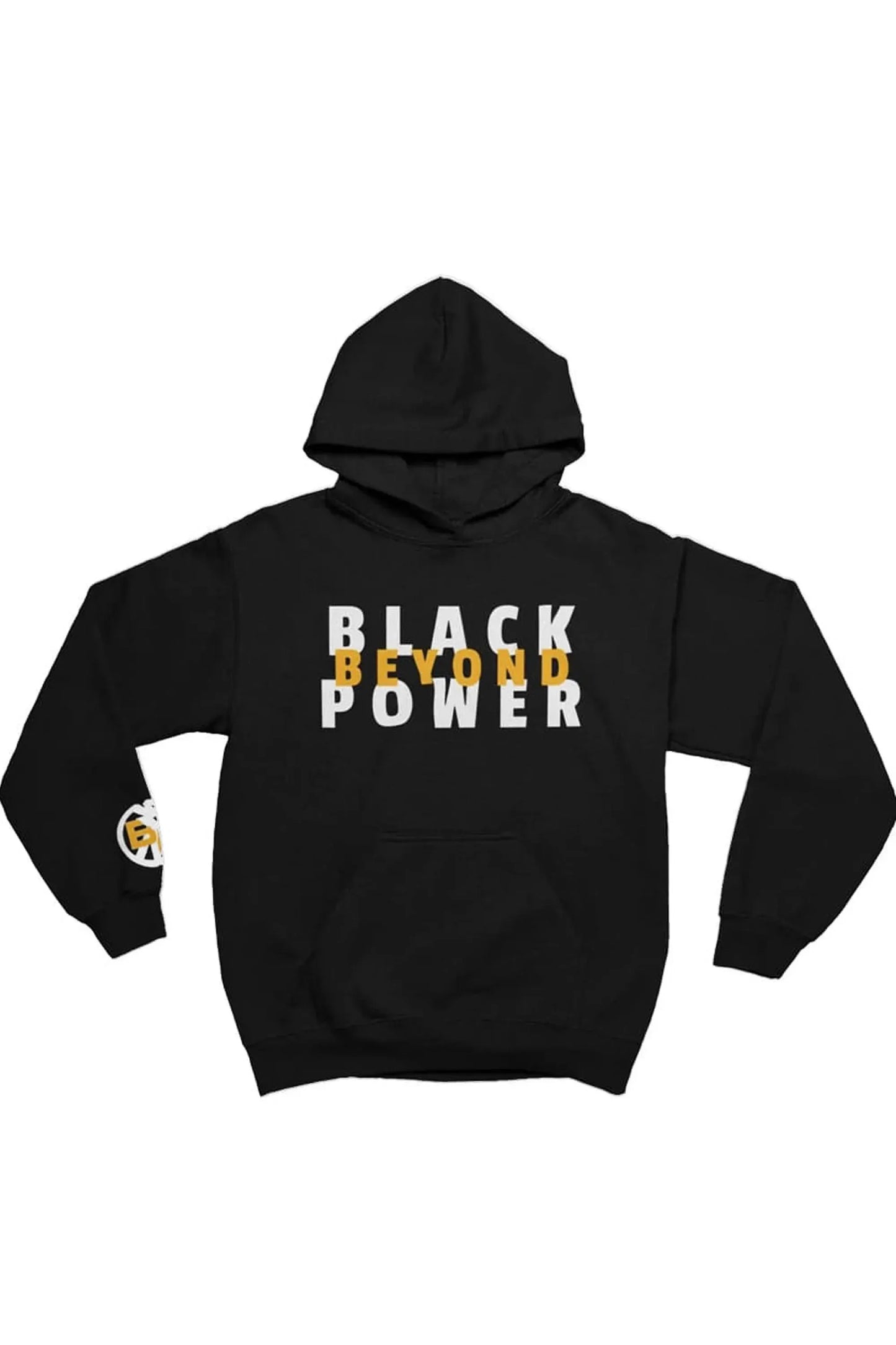 A black pullover hoodie with 'BLACK BEYOND POWER' printed across the chest in white and yellow, and a small circular logo on the left sleeve, shown against a plain white background.