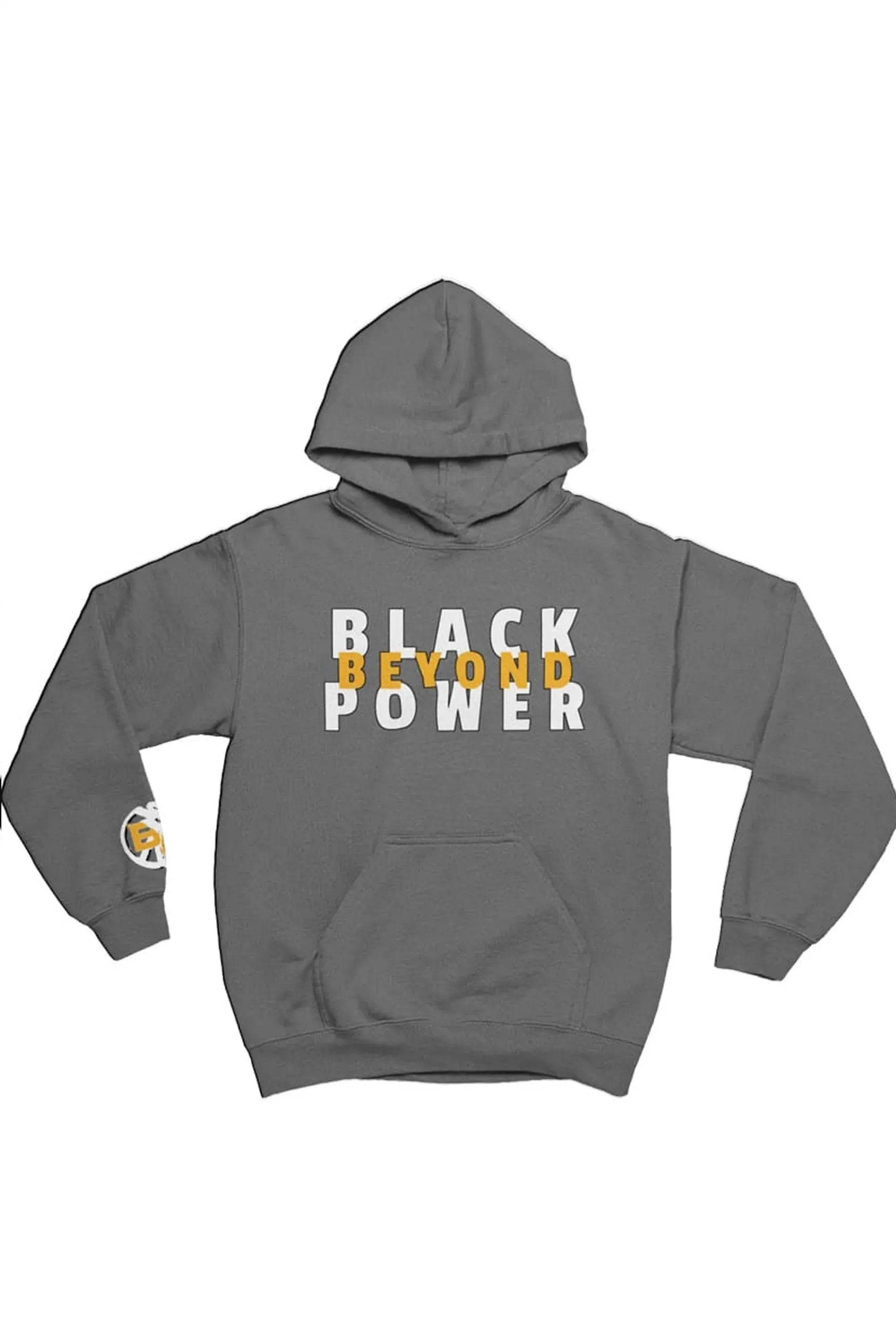 A dark gray pullover hoodie with a front kangaroo pocket and a graphic print on the chest reading 'BLACK BEYOND POWER' in white and yellow, plus a small circular graphic on the left sleeve.