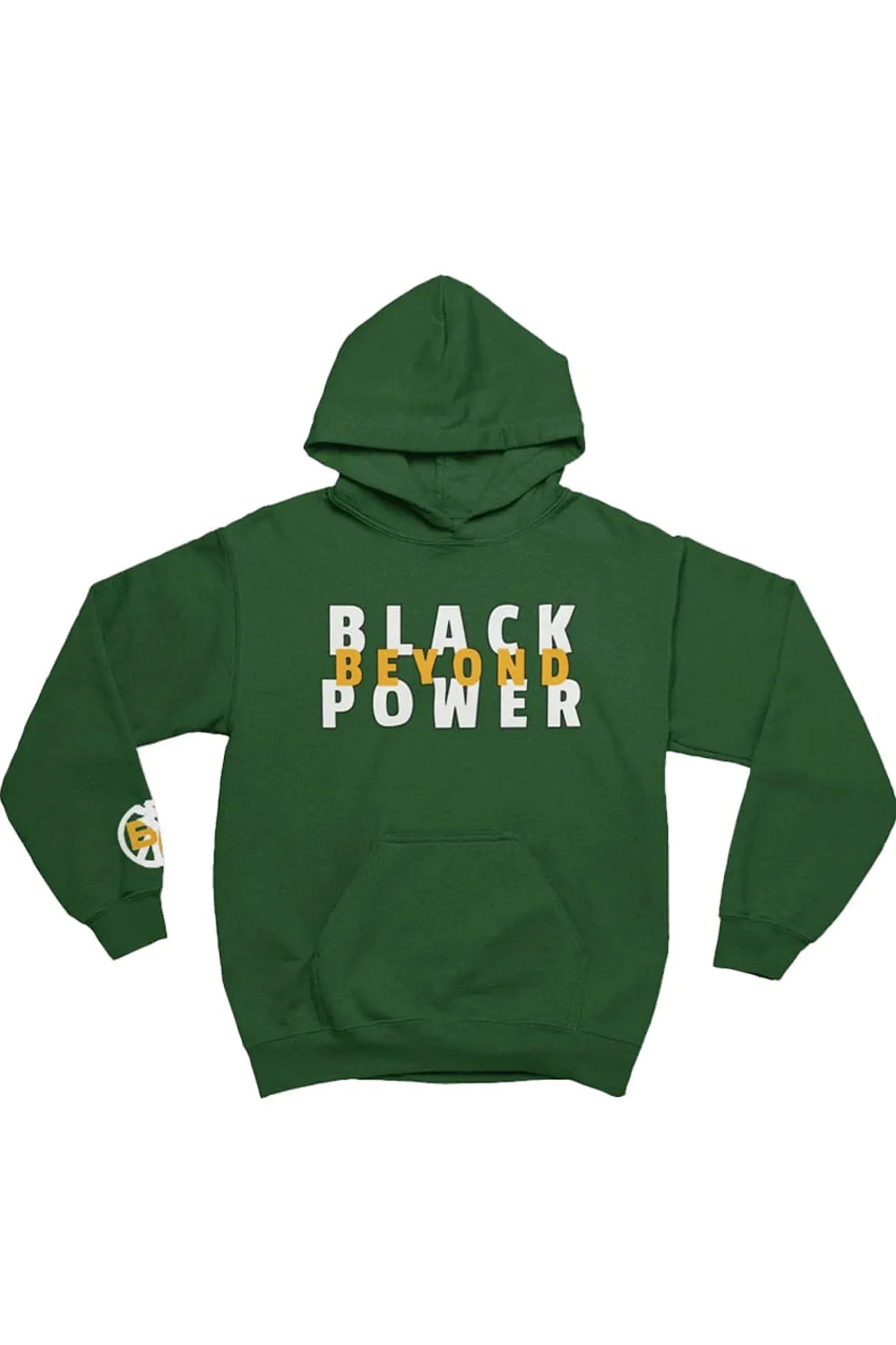 A dark green pullover hoodie with a front kangaroo pocket and a graphic print on the chest reading 'BLACK BEYOND POWER' in white and yellow. A small circular logo is printed on the left sleeve.