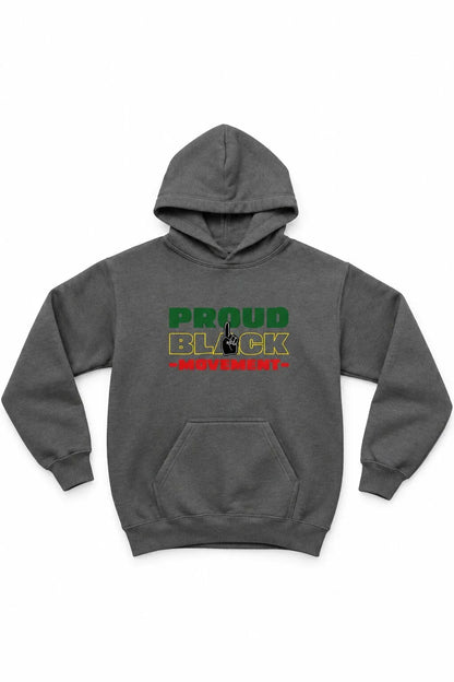 Gray hoodie with 'Proud Black Movement' text on a white background