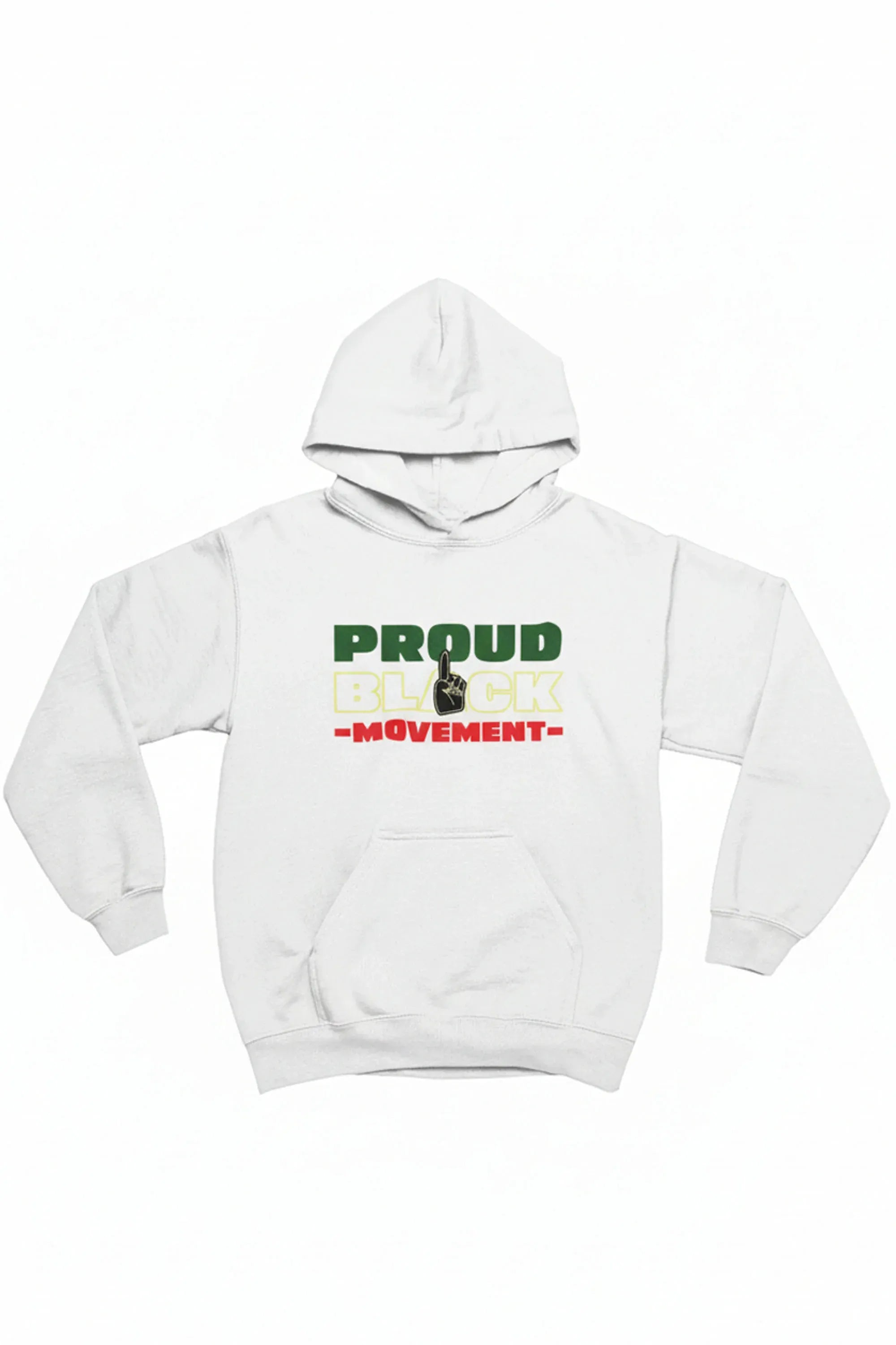 A white pullover hoodie featuring a graphic print on the chest that reads 'PROUD BLACK MOVEMENT' in green, yellow, and red, with a central black-and-white paw print logo.