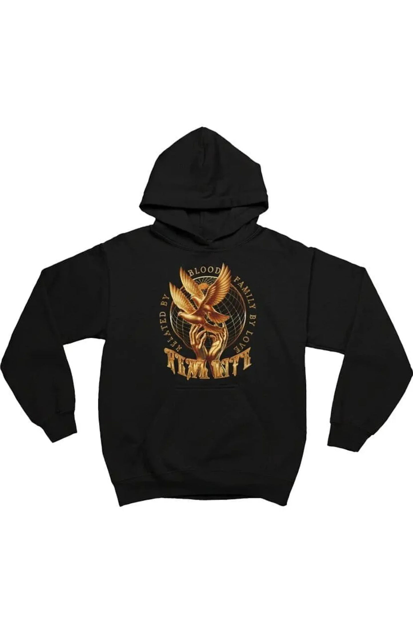A black pullover hoodie featuring a large golden-brown graphic on the chest with a bird emblem and the words 'Blood Family' and 'Team Wife' on a plain white background.