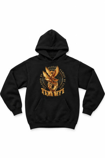 A black pullover hoodie featuring a large golden-brown graphic on the chest with a bird emblem and the words 'Blood Family' and 'Team Wife' on a plain white background.