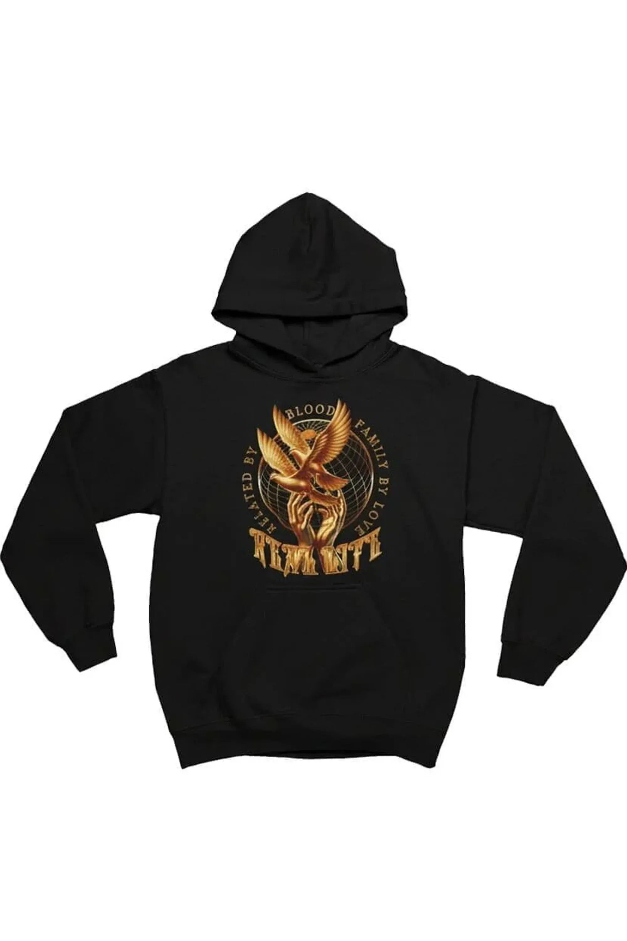 A black pullover hoodie featuring a large golden-brown graphic on the chest with a bird emblem and the words 'Blood Family' and 'Team Wife' on a plain white background.