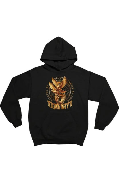 A black pullover hoodie featuring a large golden-brown graphic on the chest with a bird emblem and the words 'Blood Family' and 'Team Wife' on a plain white background.