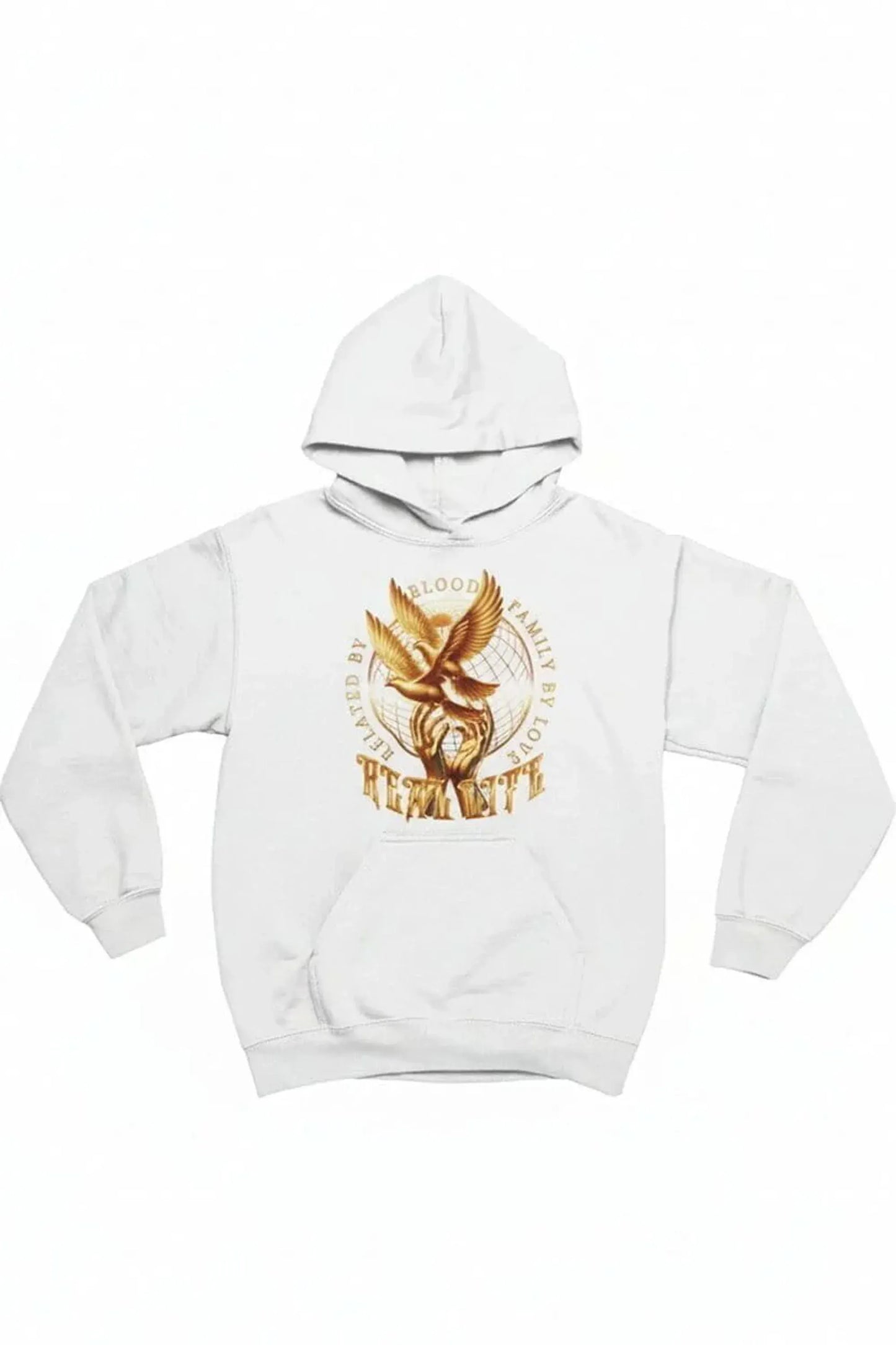 A white pullover hoodie featuring a large golden-brown graphic on the chest.