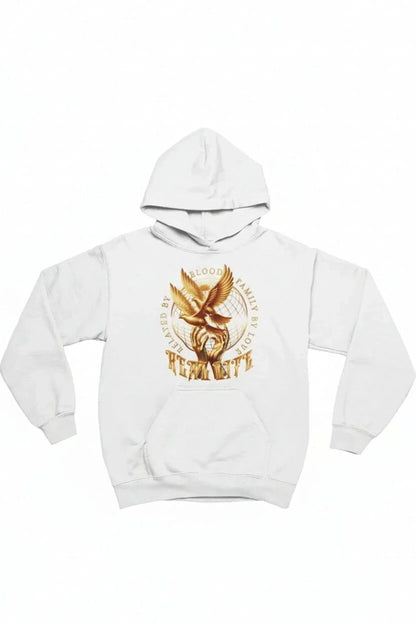 A white pullover hoodie featuring a large golden-brown graphic on the chest.