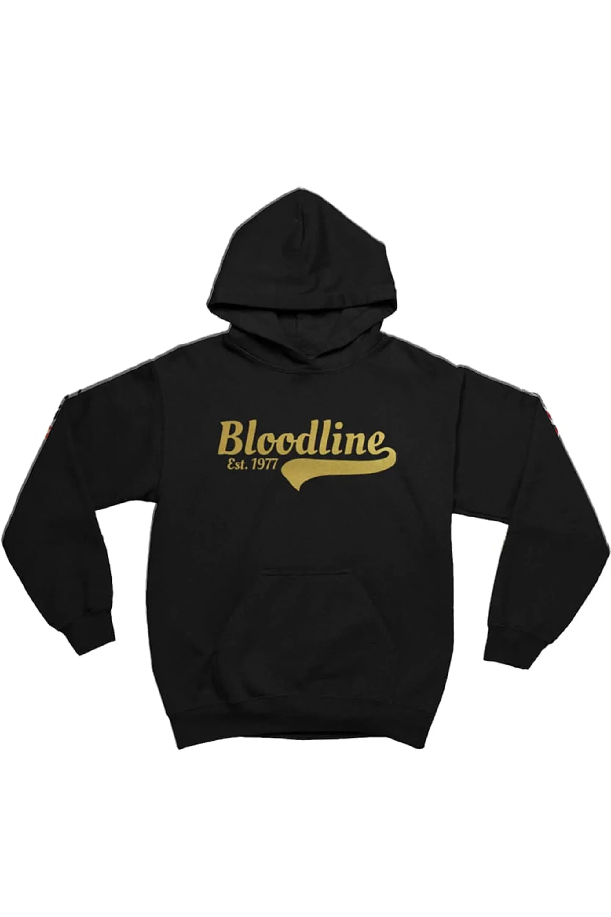 Black hoodie with 'Bloodline Est. 1977' text in gold on a white background