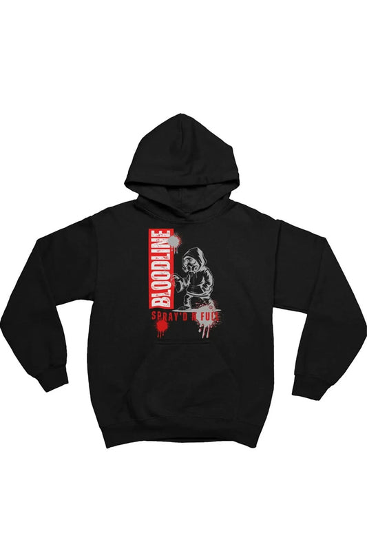 A black pullover hoodie featuring a graphic print on the front with a red vertical 'BLOODLINE' text block, a stylized figure in black and white