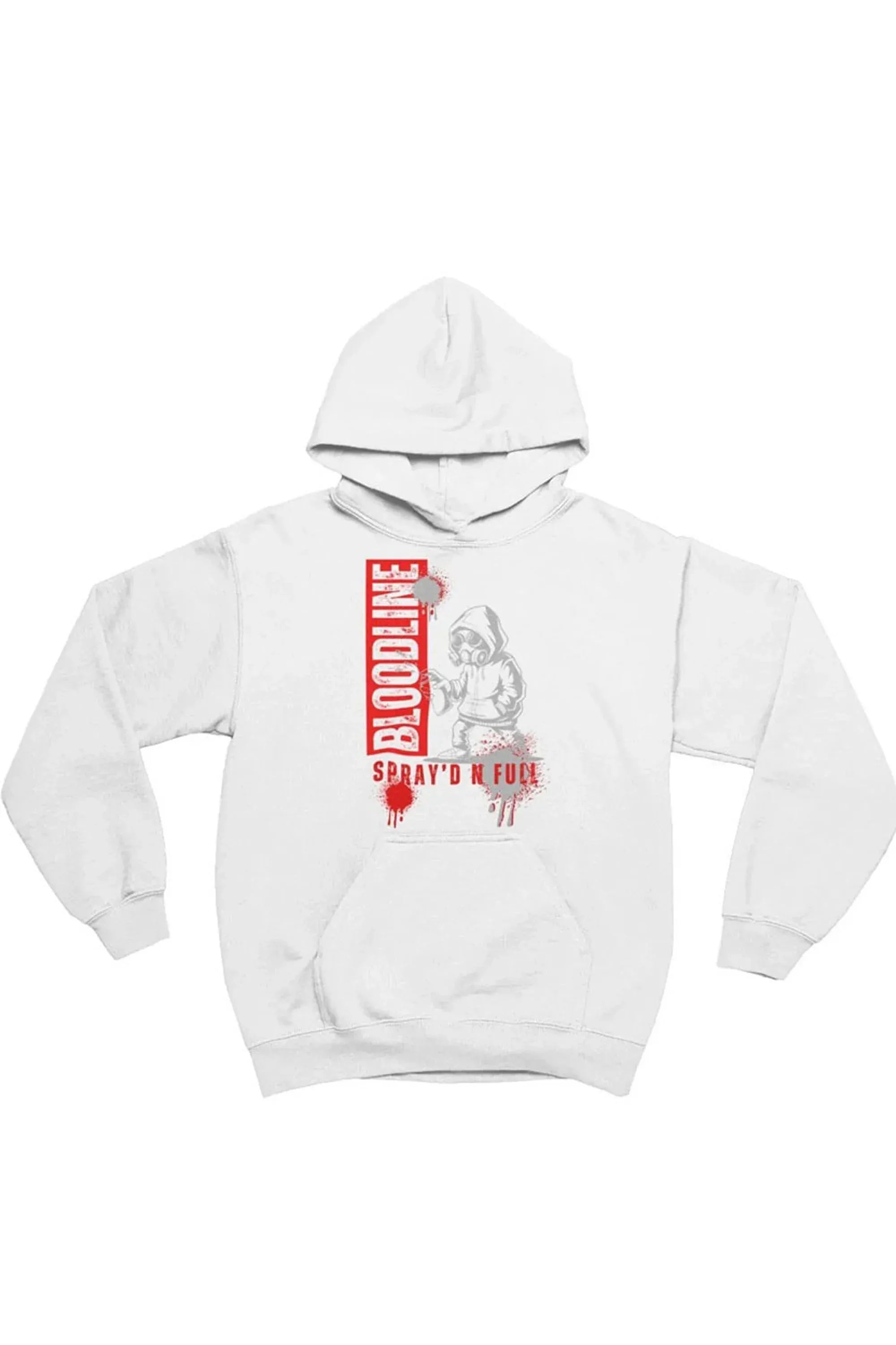 A white pullover hoodie featuring a graphic print on the front with a red vertical 'BLOODLINE' text block