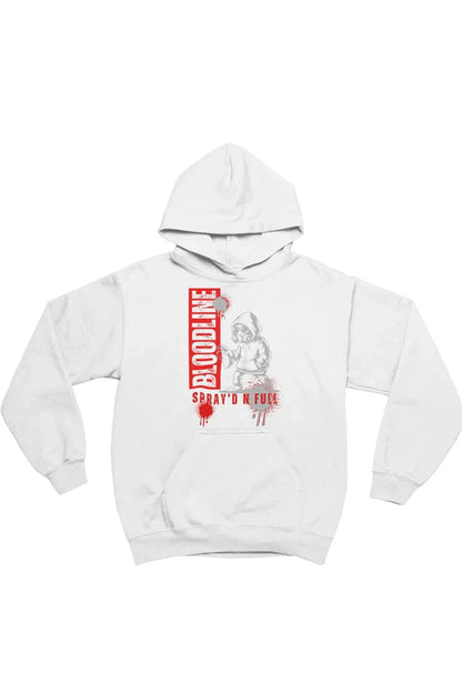A white pullover hoodie featuring a graphic print on the front with a red vertical 'BLOODLINE' text block