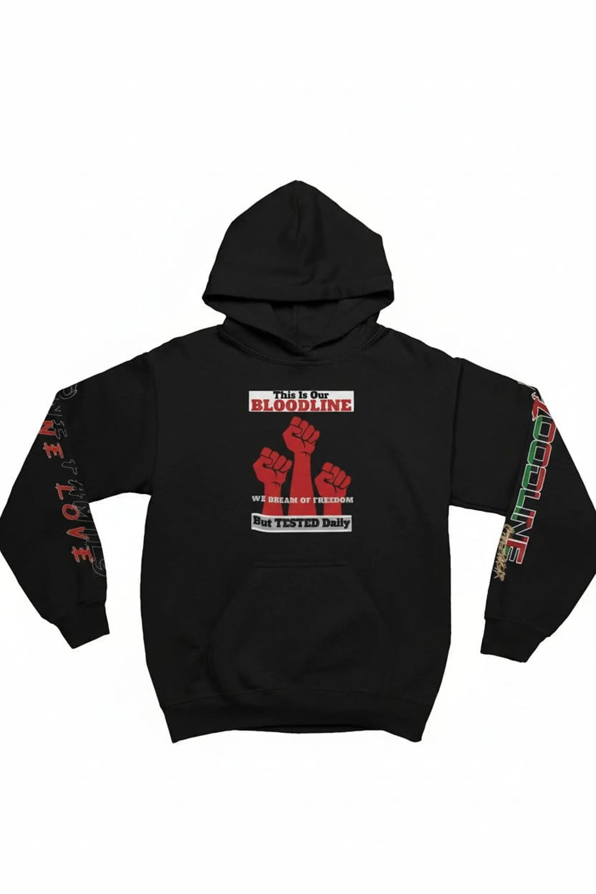 A black pullover hoodie with a red and white graphic on the chest.