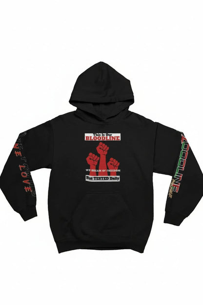 A black pullover hoodie with a red and white graphic on the chest.