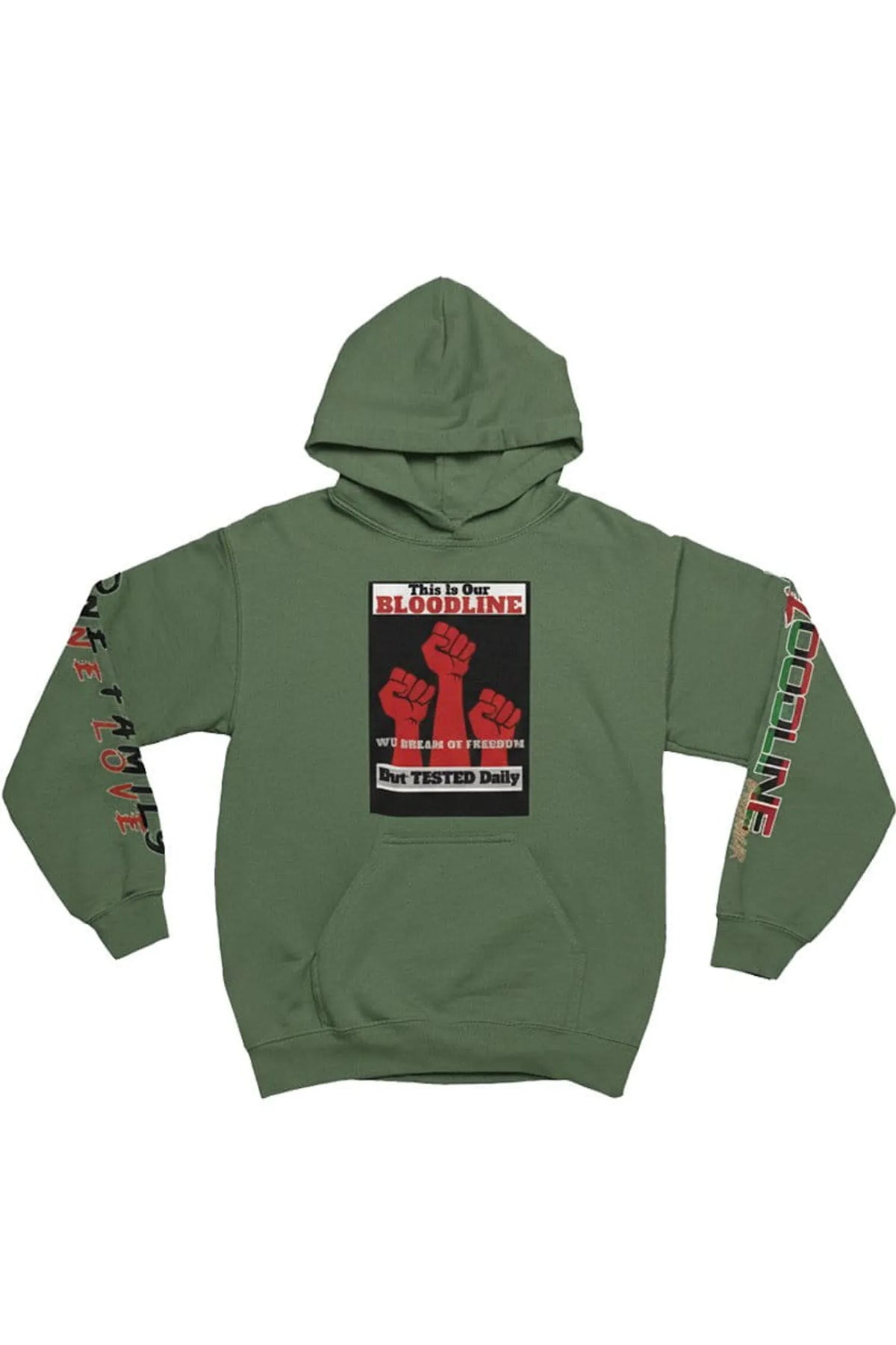 Green hoodie with graphic design on a white background