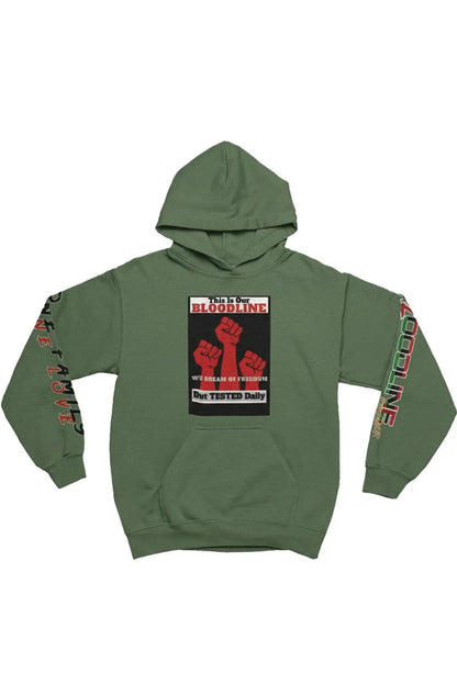 Green hoodie with graphic design on a white background
