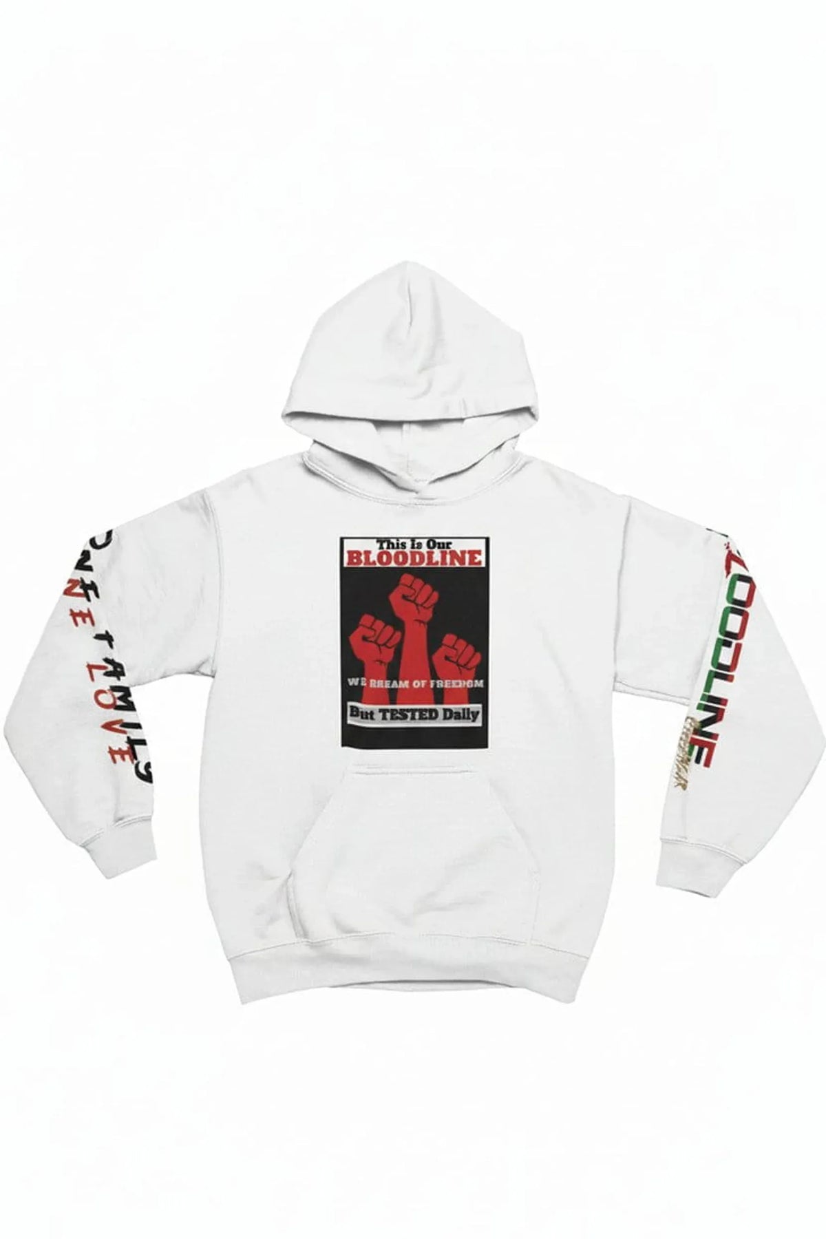 A white pullover hoodie featuring a black and red graphic print on the chest with raised fists, and red and green text down both sleeves, displayed on a clean white background.