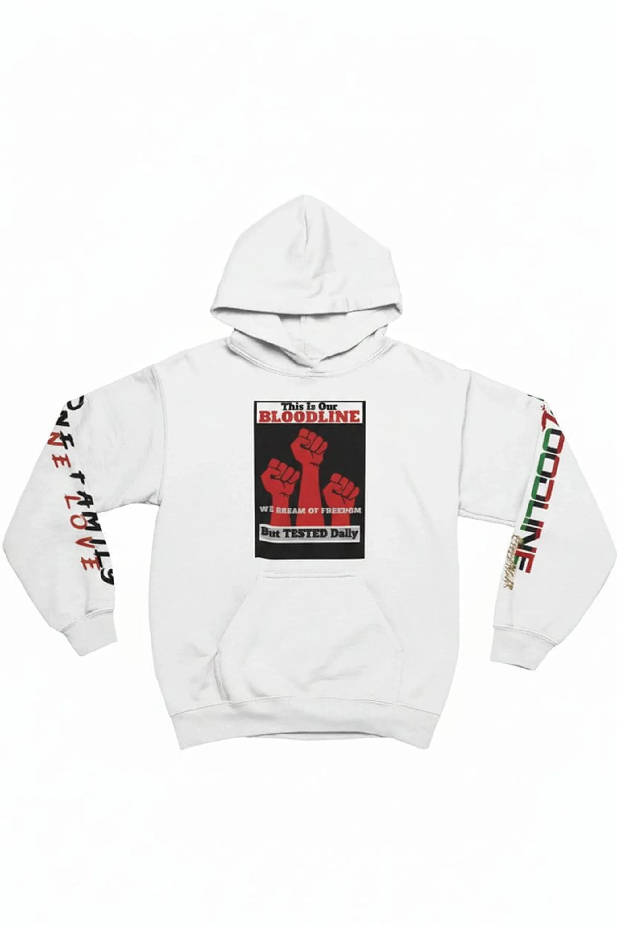 A white pullover hoodie featuring a black and red graphic print on the chest with raised fists, and red and green text down both sleeves, displayed on a clean white background.