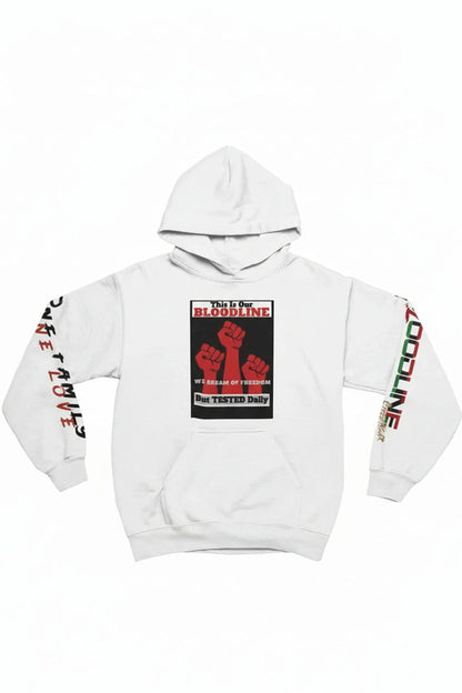 A white pullover hoodie featuring a black and red graphic print on the chest with raised fists, and red and green text down both sleeves, displayed on a clean white background.