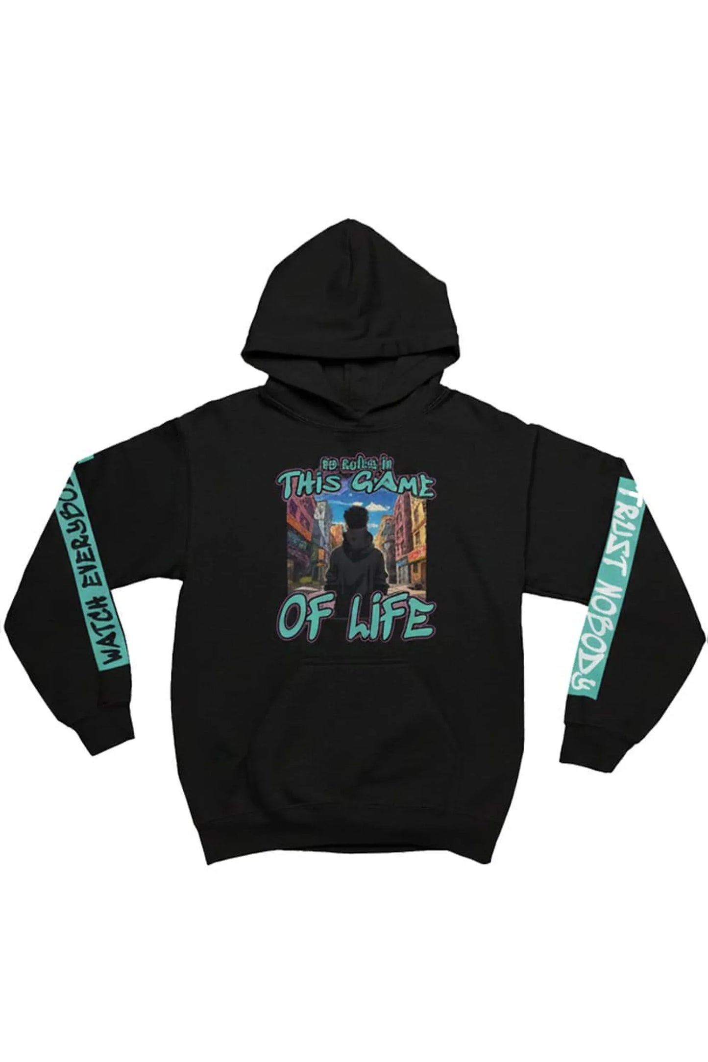 Black hoodie with graphic design and text on a white background