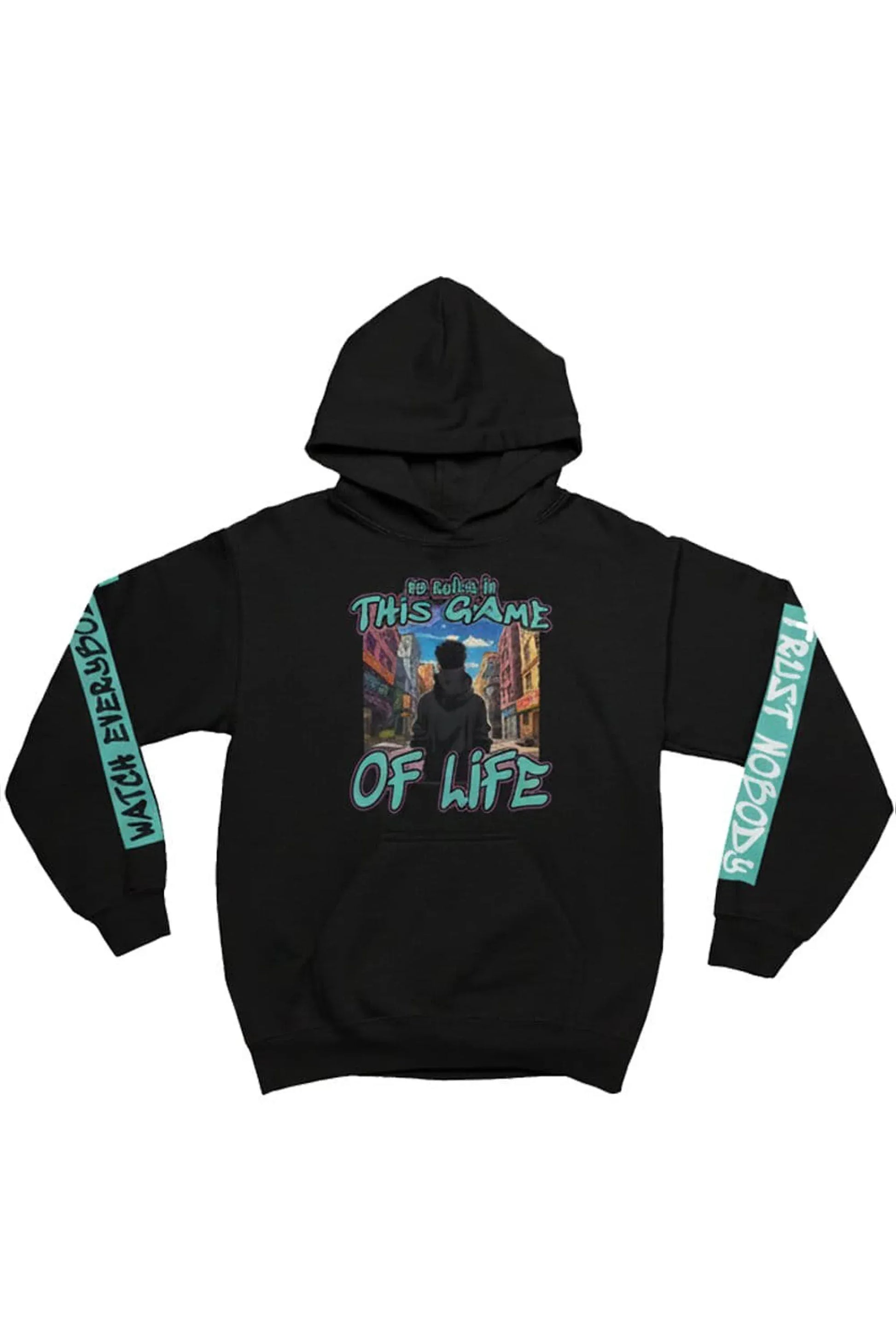 Black hoodie with graphic design and text on a white background