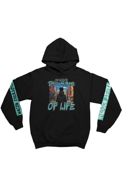 Black hoodie with graphic design and text on a white background