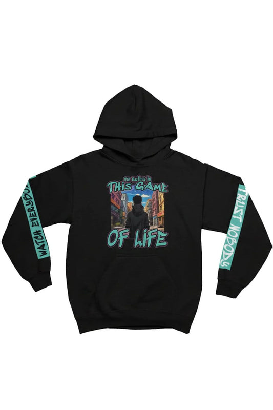 Black hoodie with graphic design and text on a white background