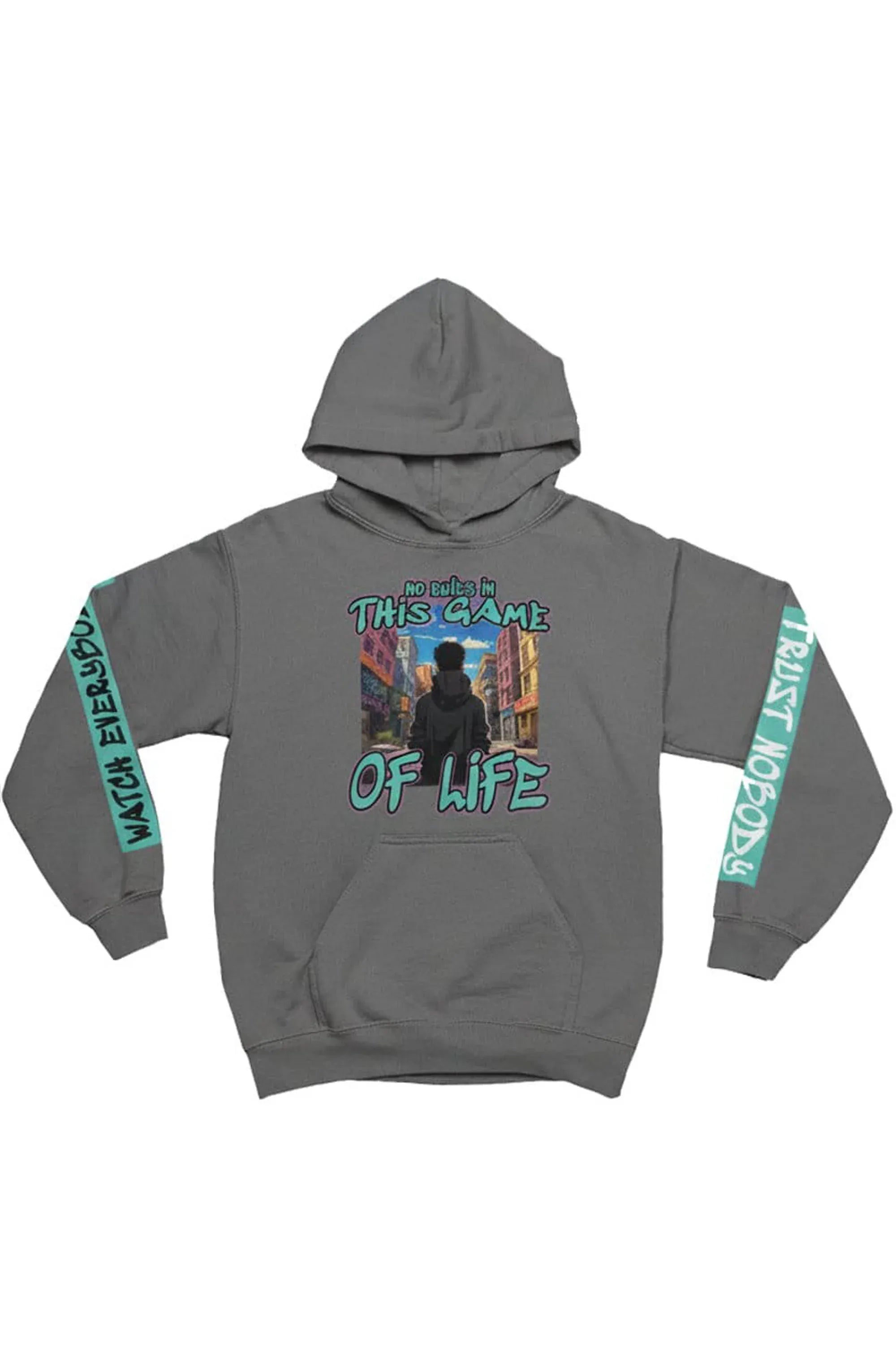 grey hoodie with graphic design and text on a white background