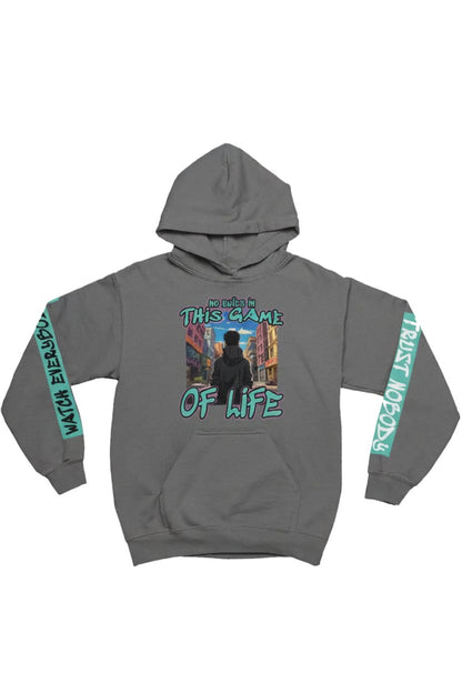 grey hoodie with graphic design and text on a white background