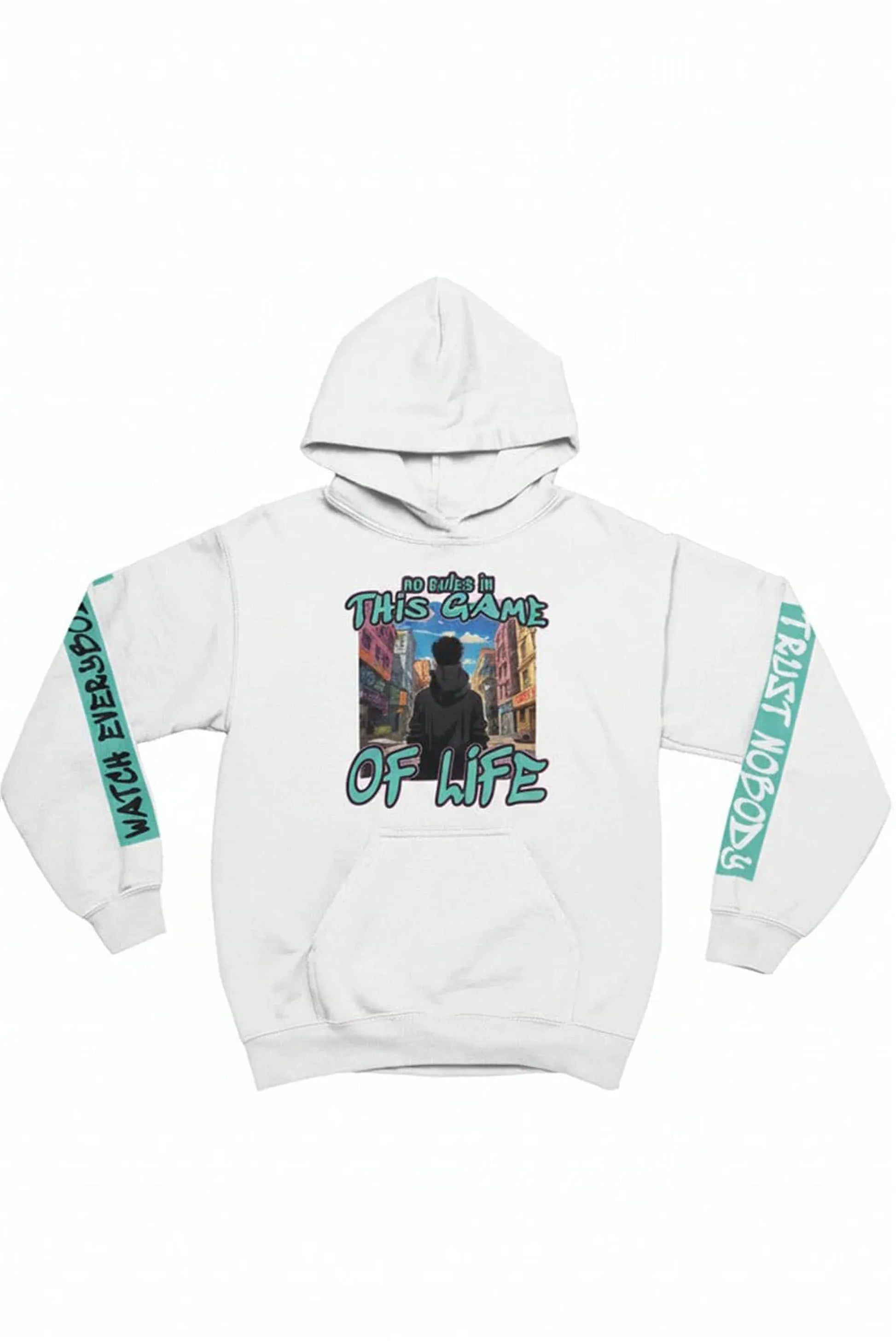 white hoodie with graphic design and text on a white background