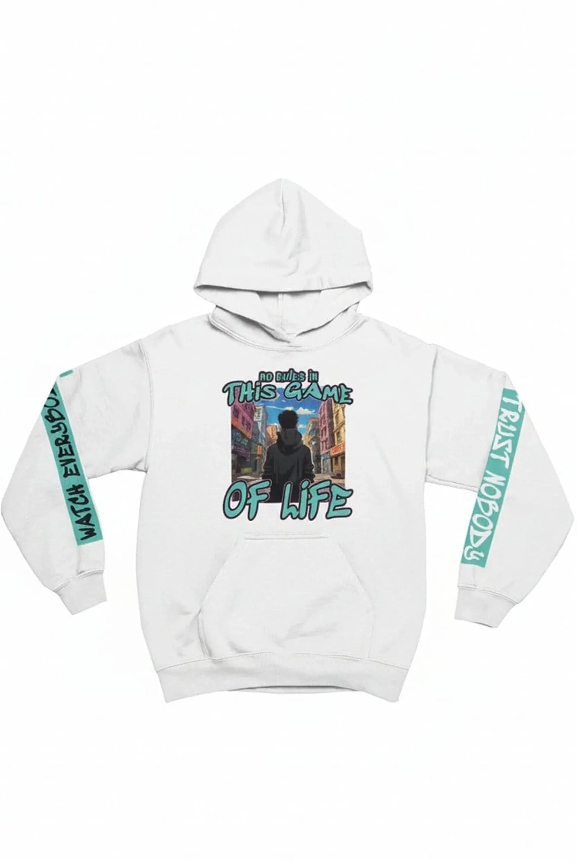 white hoodie with graphic design and text on a white background