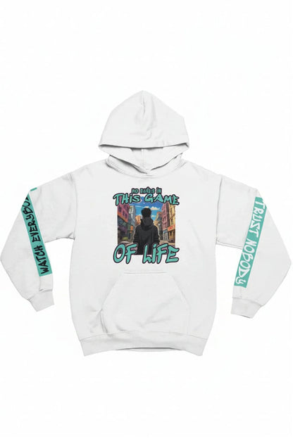 white hoodie with graphic design and text on a white background