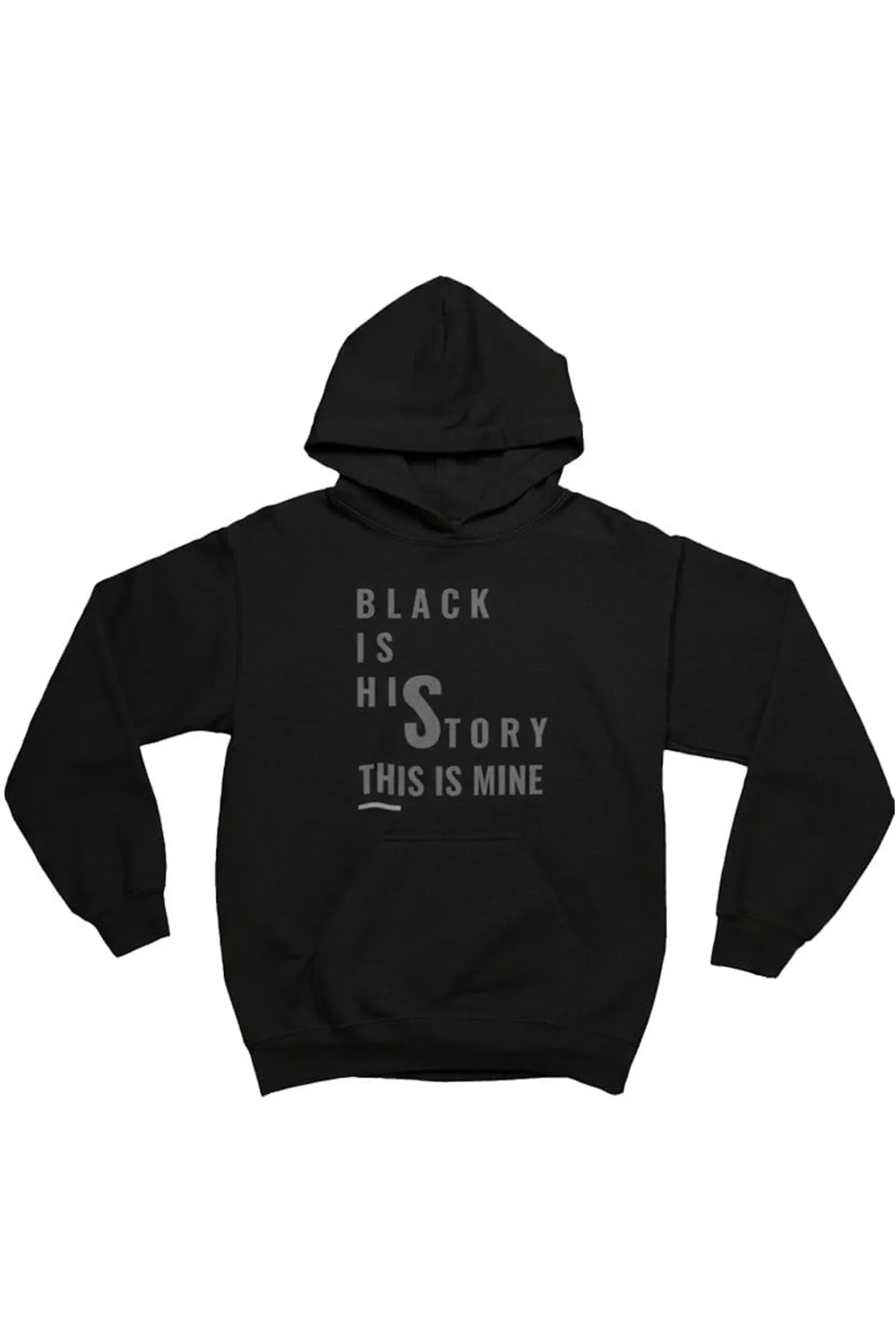 Black hoodie with 'Black Is His Story' text on a white background