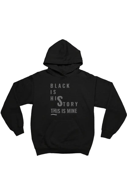 Black hoodie with 'Black Is His Story' text on a white background