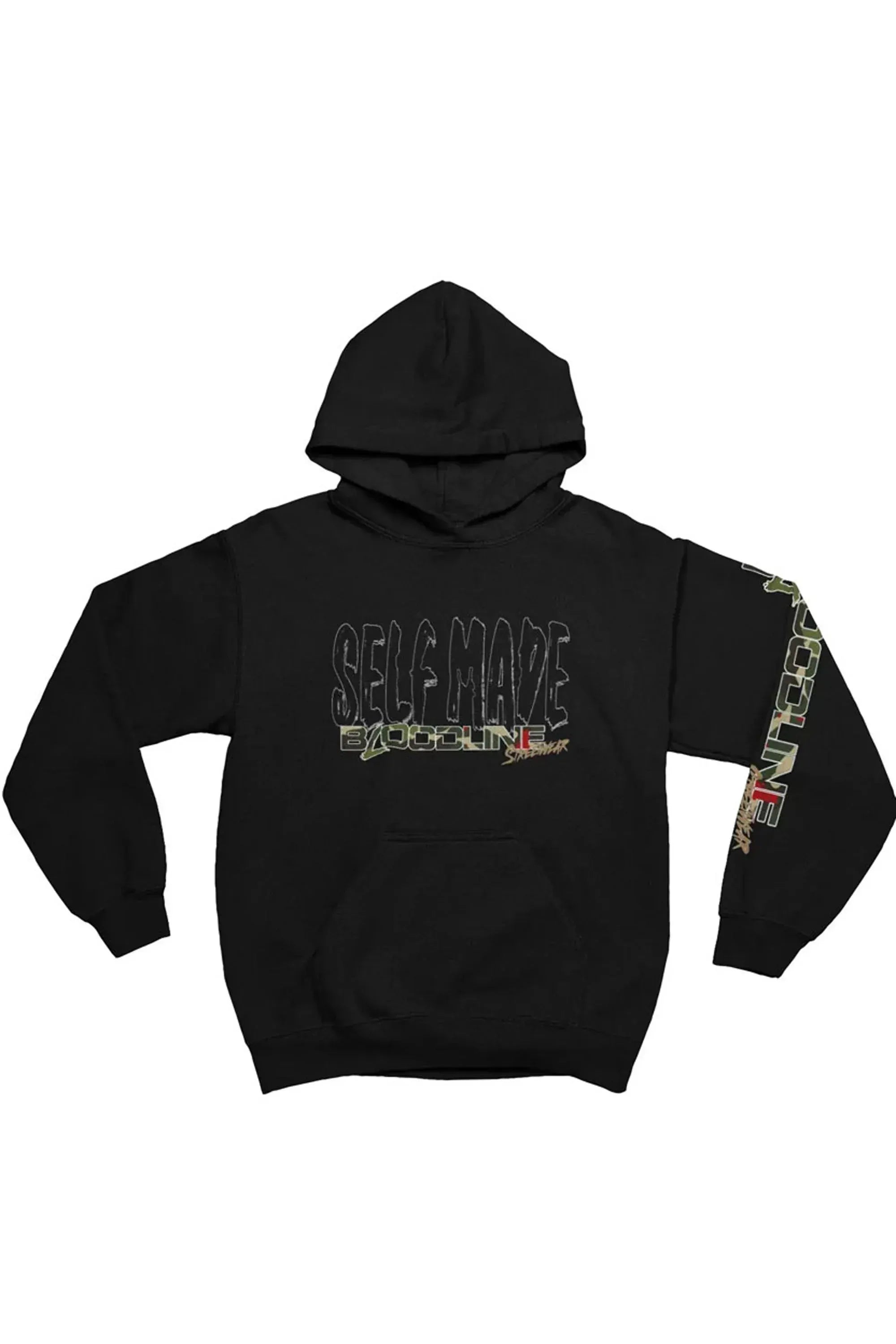 A black pullover hoodie with a graphic on the chest reading 'SELF MADE ' and a vertical graphic on the right sleeve, shown against a plain white background.