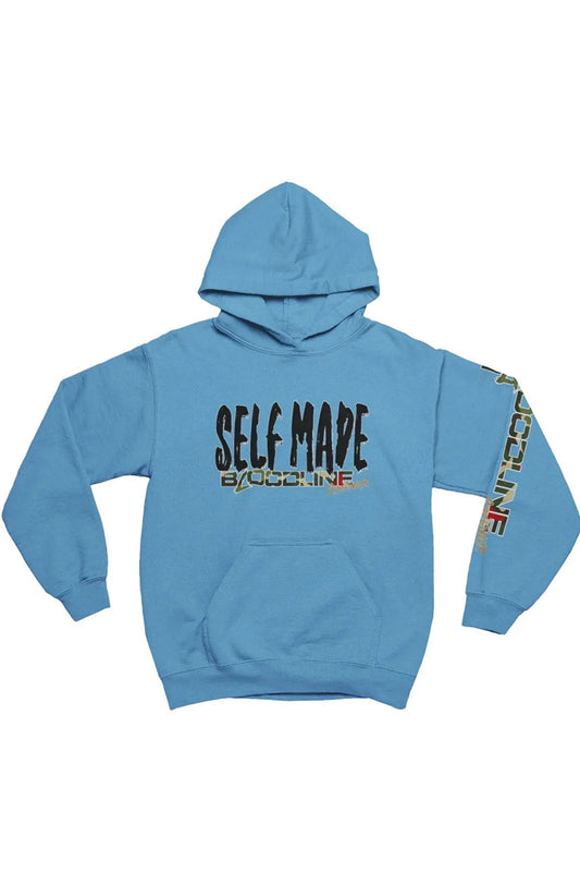 A light blue pullover hoodie with 'SELF MADE' printed in black and red on the chest