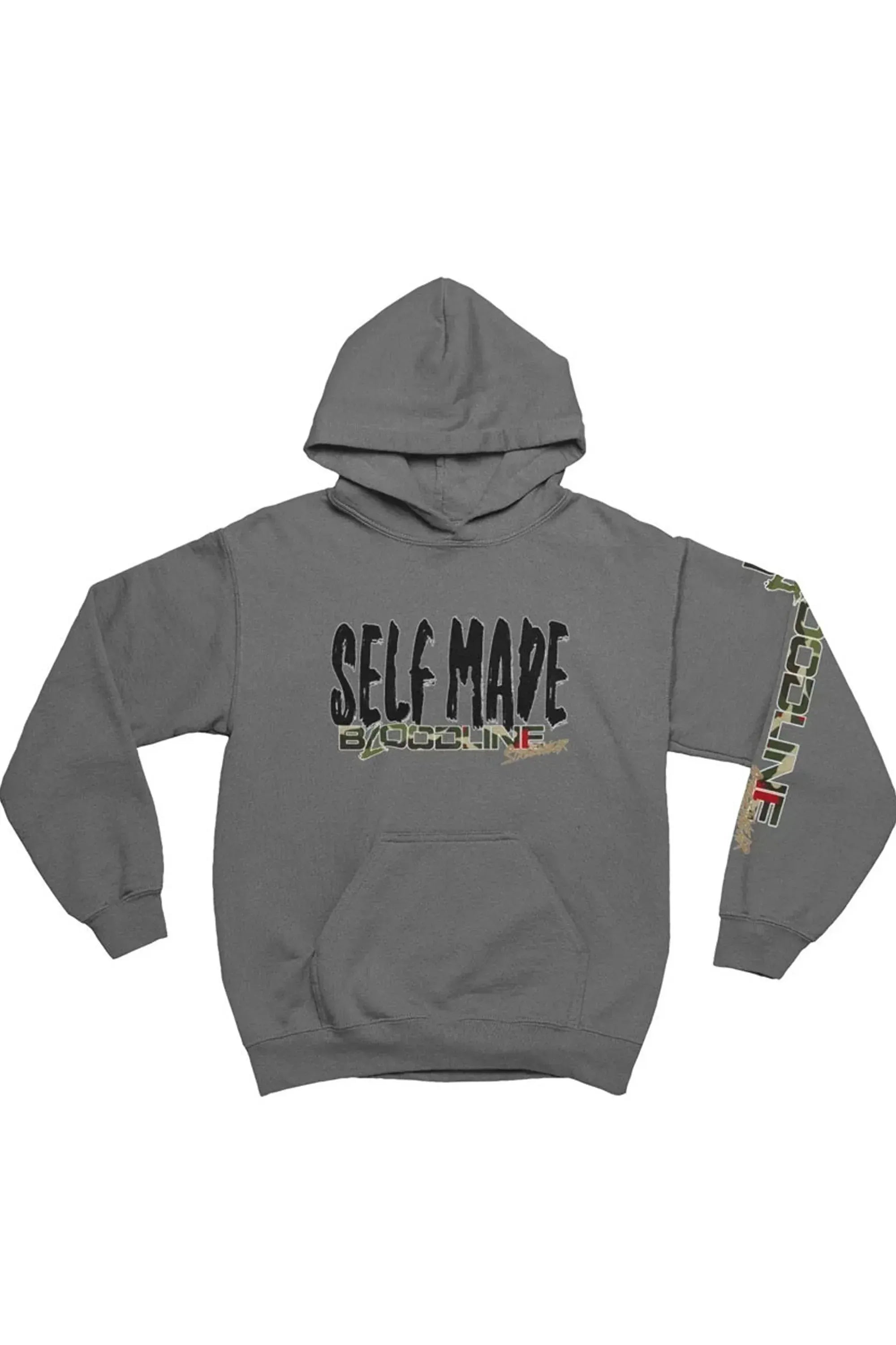 Gray hoodie with 'Self Made' text and colorful design on sleeve against a white background