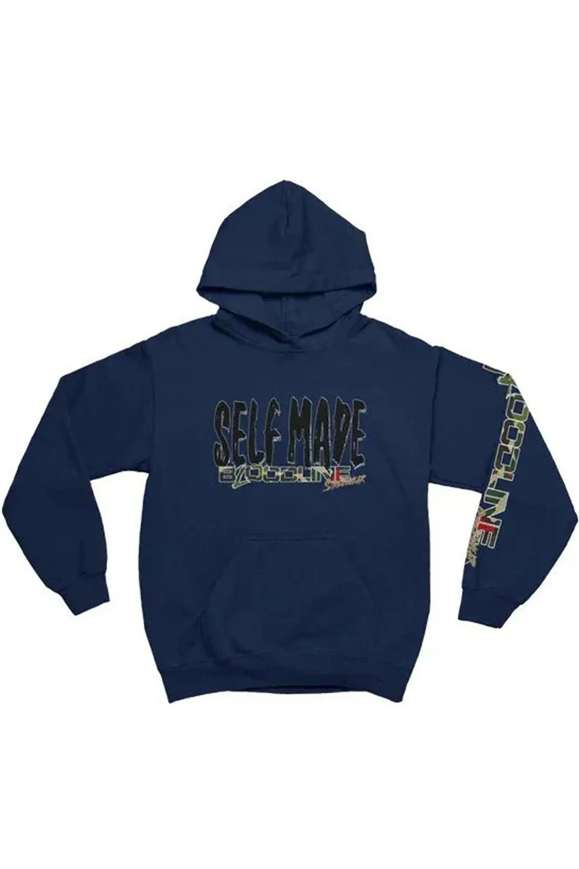 A navy blue pullover hoodie with a graphic on the chest reading 'SELF MADE' in a camouflage pattern, featuring a matching vertical graphic down the right sleeve.