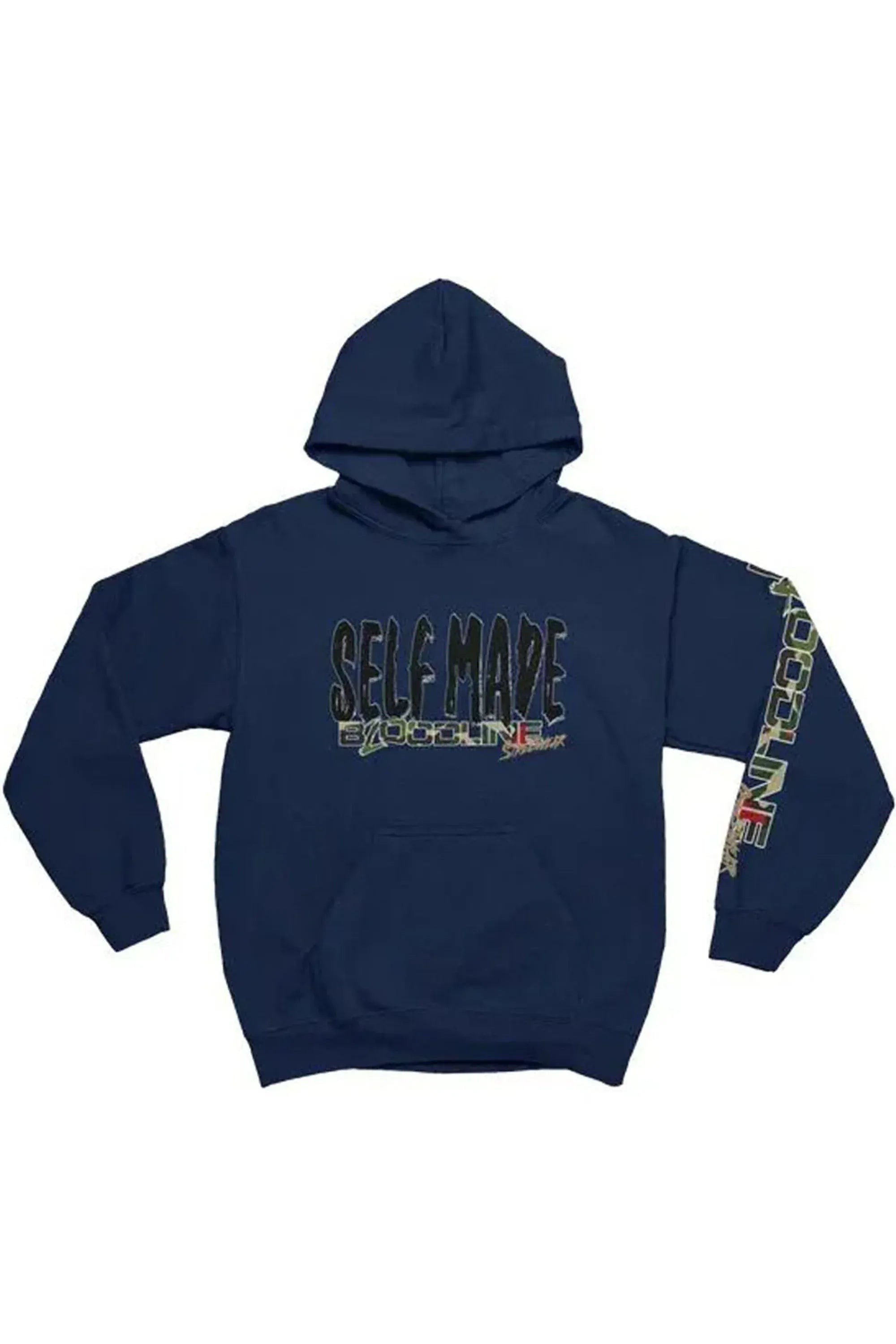 A navy blue pullover hoodie with a graphic on the chest reading 'SELF MADE' in a camouflage pattern, featuring a matching vertical graphic down the right sleeve.
