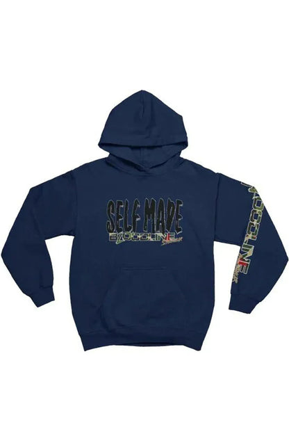 A navy blue pullover hoodie with a graphic on the chest reading 'SELF MADE' in a camouflage pattern, featuring a matching vertical graphic down the right sleeve.