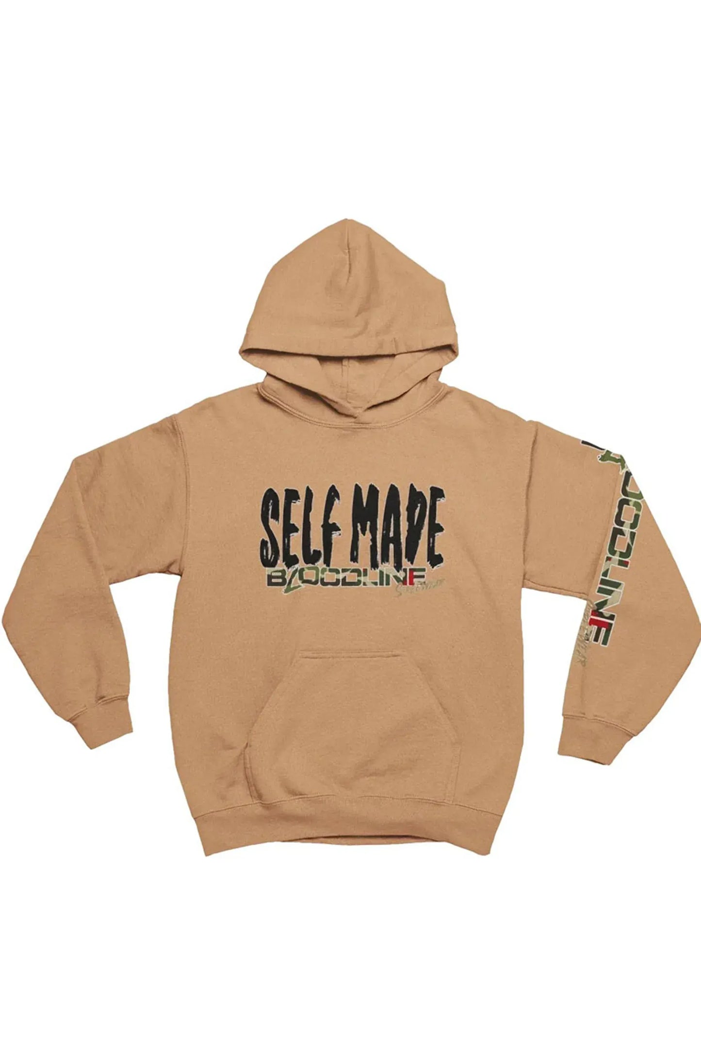 A tan pullover hoodie with 'SELF MADE' printed in black and camouflage on the chest.